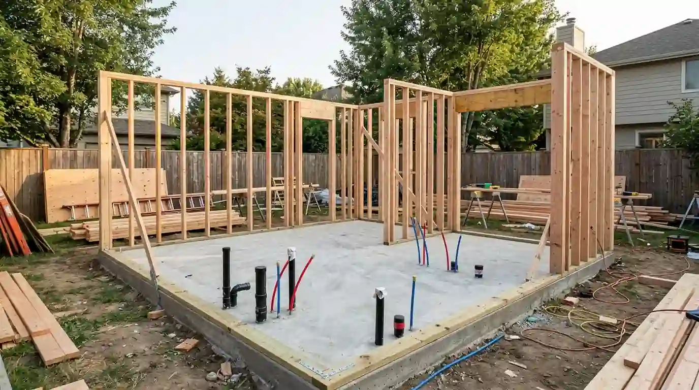 Backyard ADU framing with plumbing stub ups sticking out of the slab