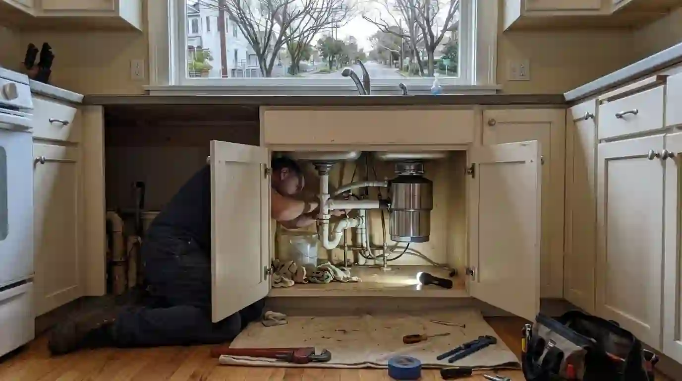 Plumber connecting a new stainless garbage disposal under a kitchen sink with the dishwasher drain hose