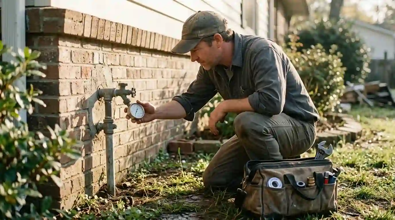 Plumber reading a pressure gauge connected to a hose bib in morning light