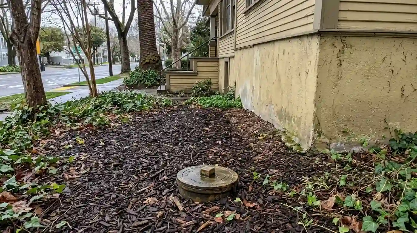 Outdoor sewer cleanout cap in a mulched flower bed beside a stucco wall
