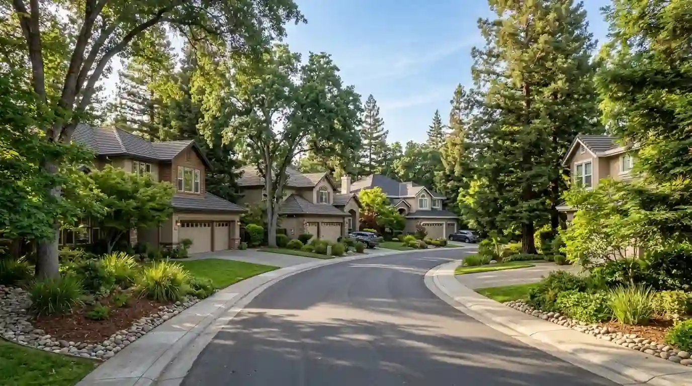 Two story homes and landscaped streets in Gold River California near the American River