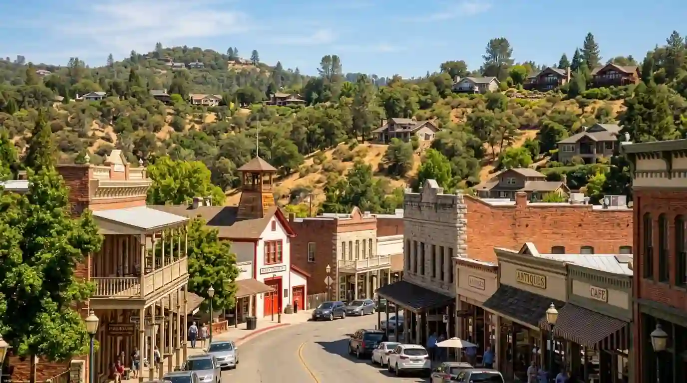 Historic Old Town Auburn buildings with foothill homes on the hills behind