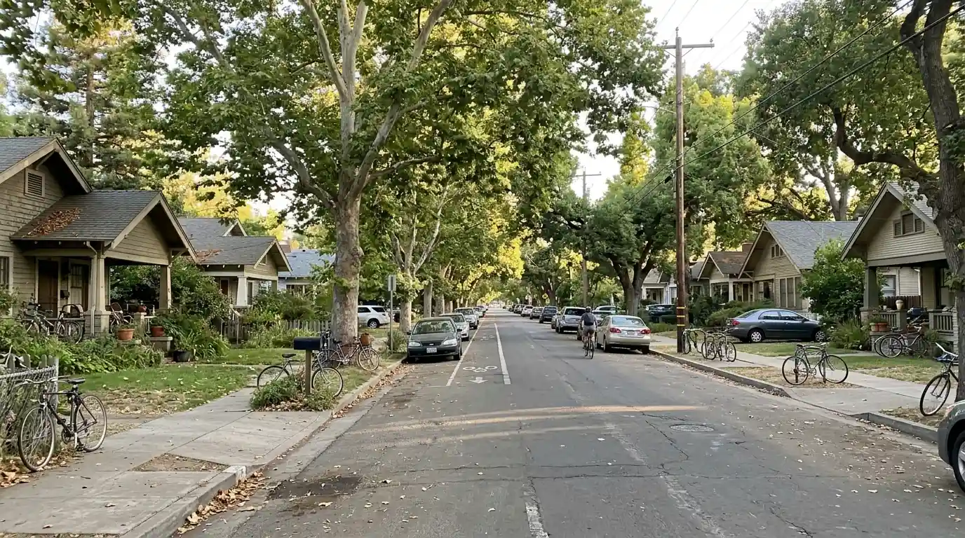 Tree lined residential street in Davis Yolo County with bicycles and older homes