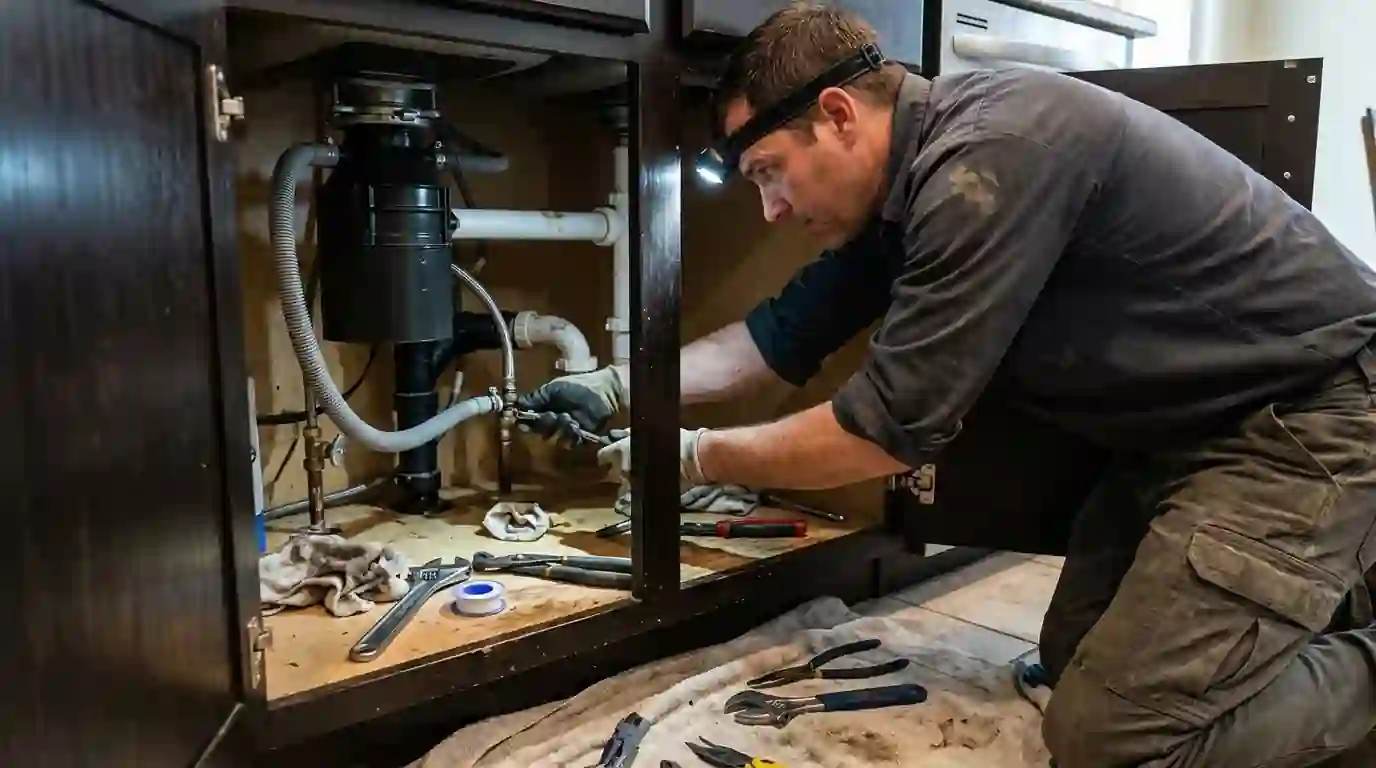 Plumber connecting dishwasher drain and supply lines under a new kitchen sink in a Sacramento home