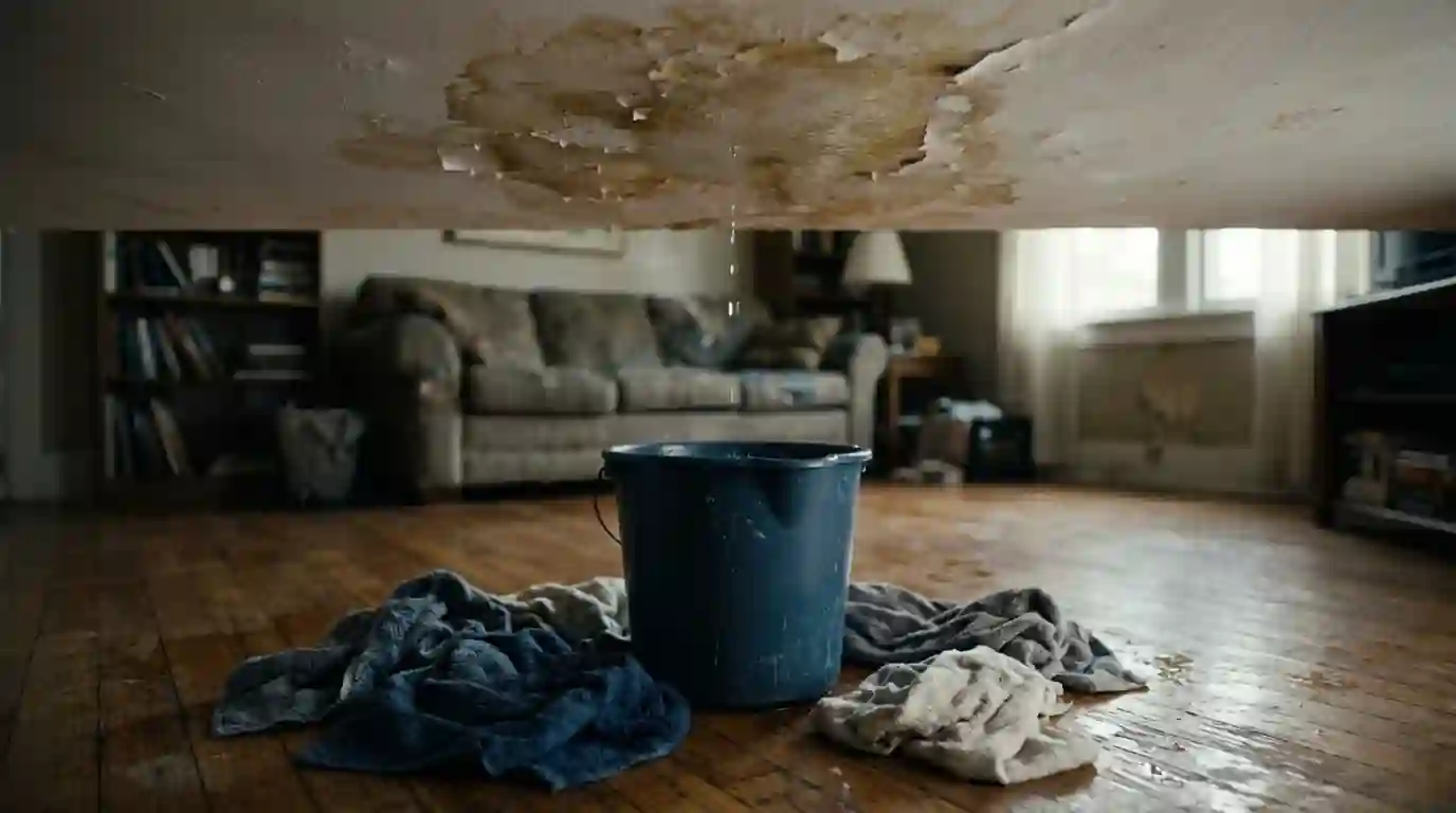 Bucket and towels catching a drip from a ceiling stain
