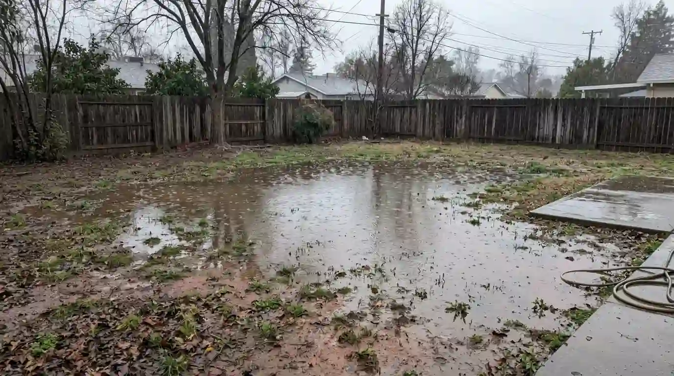 Winter rain pooling in a flat Sacramento backyard with clay soil