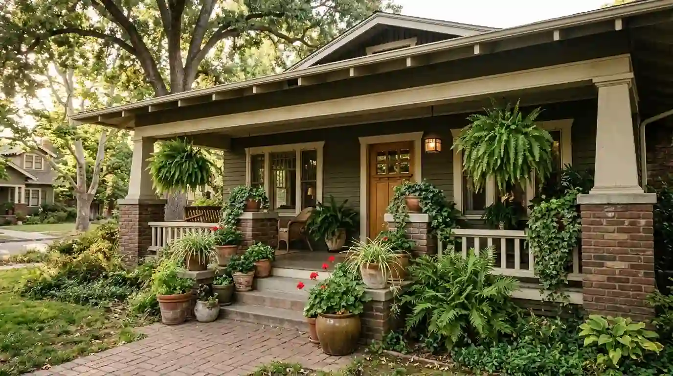 Craftsman bungalow porch with potted plants in an older Sacramento neighborhood