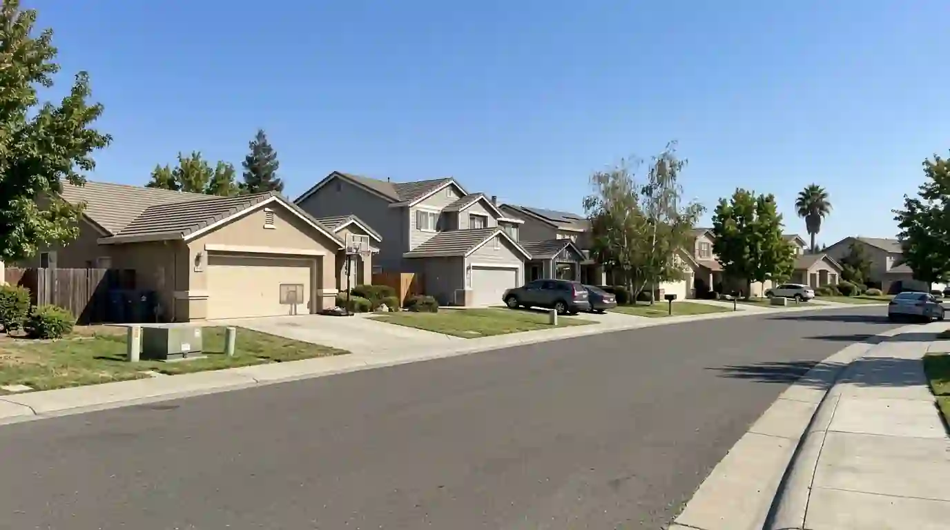 Family homes with two car garages on a street in Antelope California