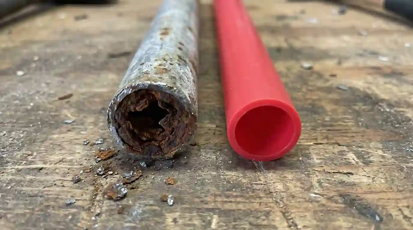Cut section of old galvanized pipe showing heavy internal rust next to new PEX tubing