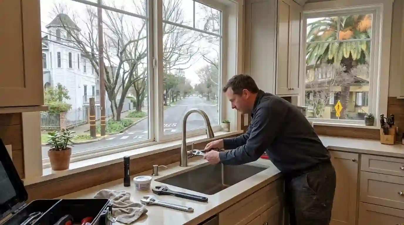 Plumber installing a new brushed nickel kitchen faucet in a bright Sacramento kitchen