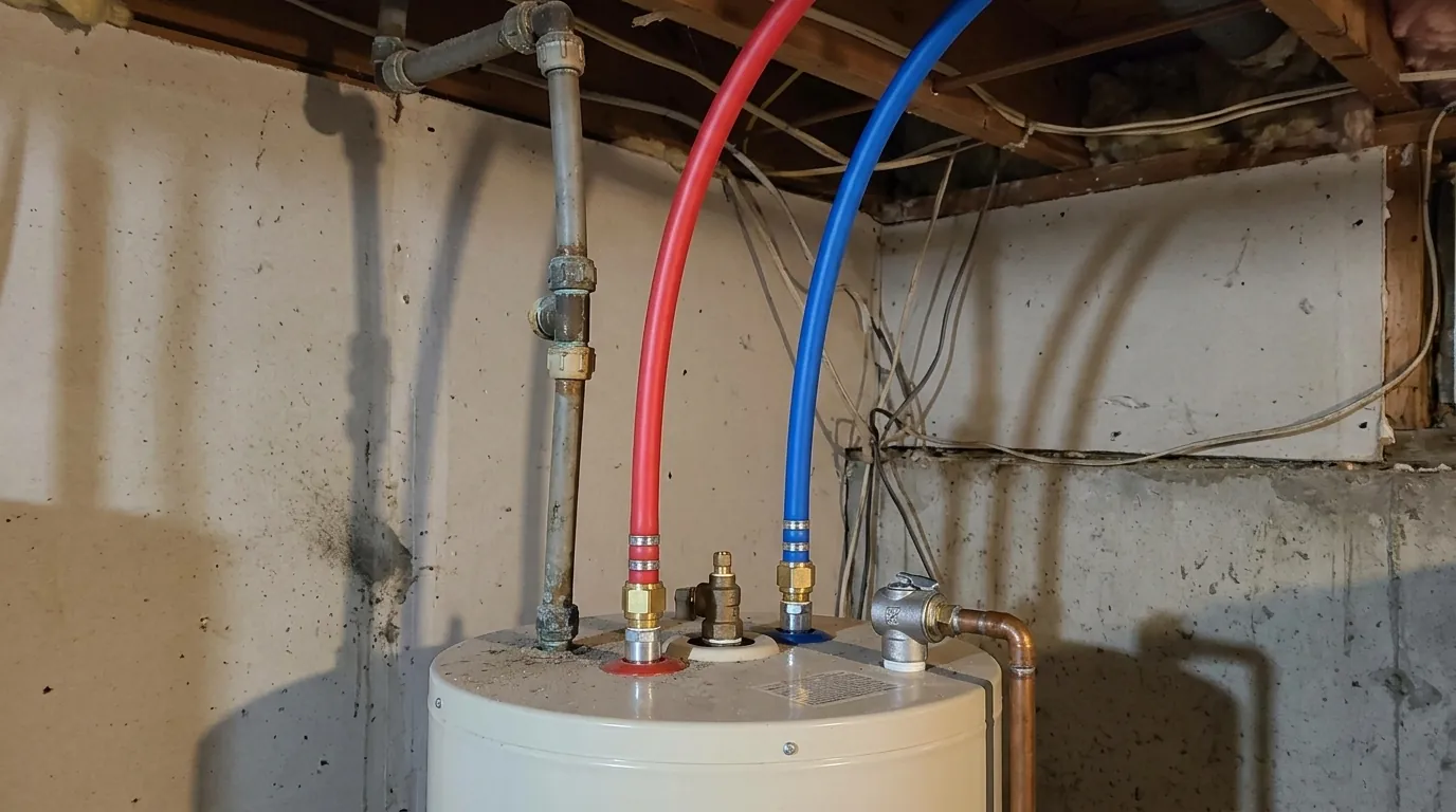 Gray polybutylene supply pipe next to new red and blue PEX lines at a water heater