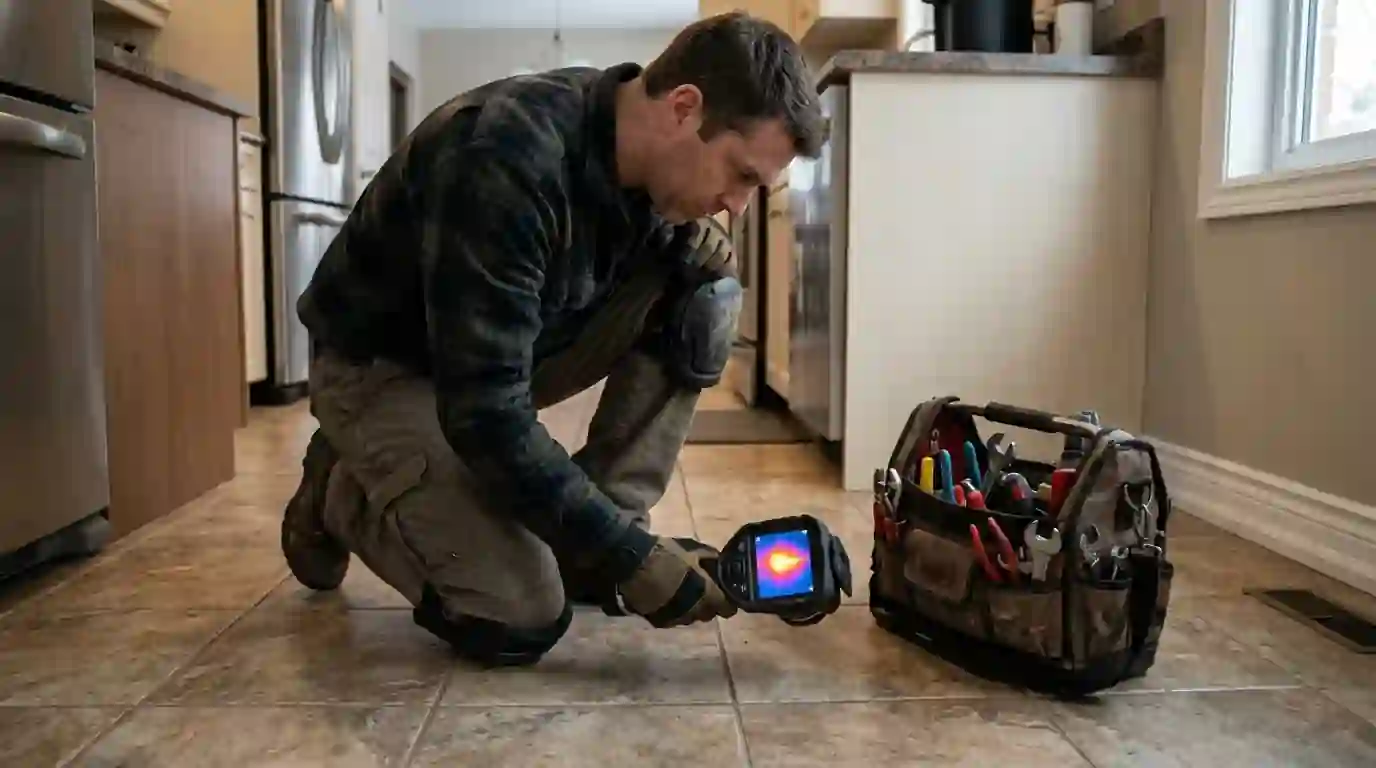 Plumber using a thermal camera to scan a tile floor for a hot spot