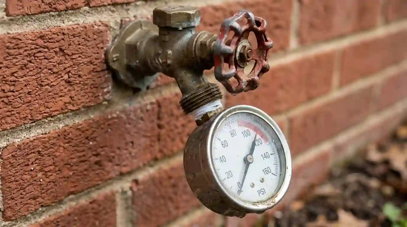 Water pressure gauge threaded onto an outdoor hose bib showing a high reading