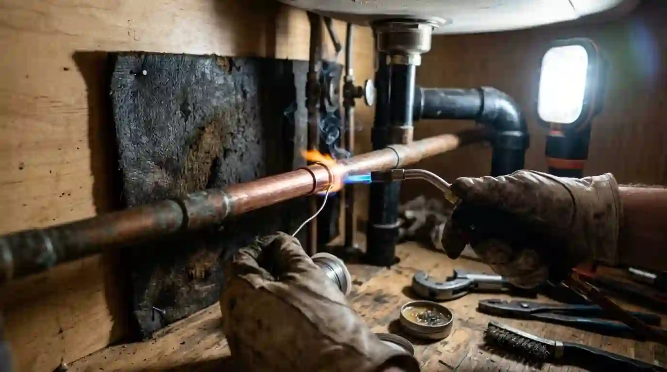 Close view of a plumber soldering a new copper coupling under a Sacramento kitchen sink
