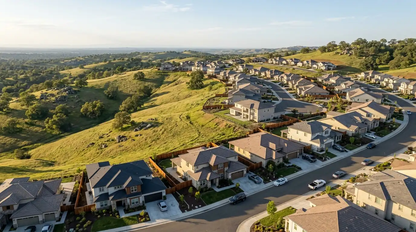 Rolling hills and newer homes in south Placer County near Roseville and Rocklin