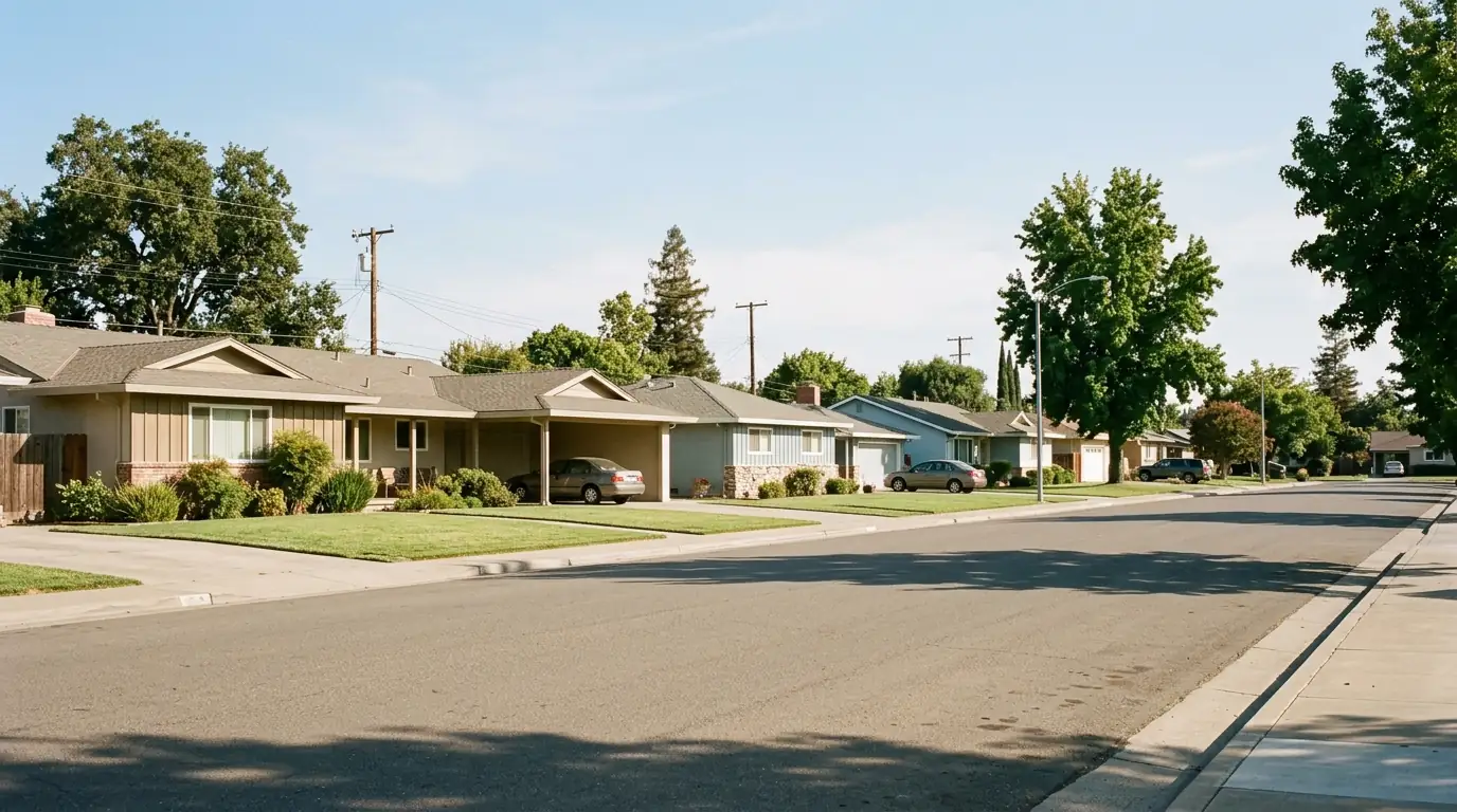 Mid century ranch homes on a wide street in Rancho Cordova California