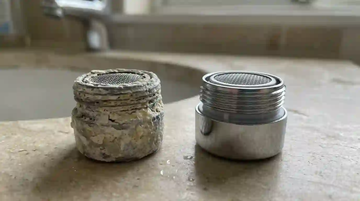 Shower head and faucet aerator coated in white mineral scale next to a clean replacement