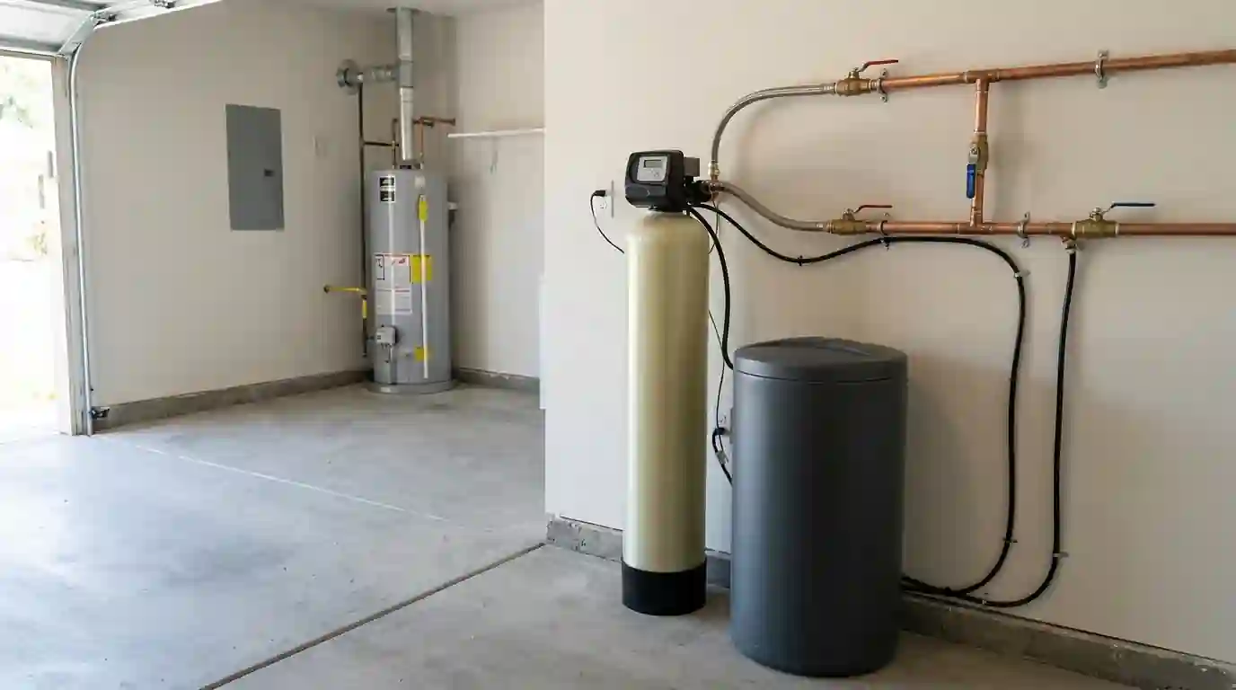 Whole house water softener with brine tank and bypass valve installed in a Sacramento garage