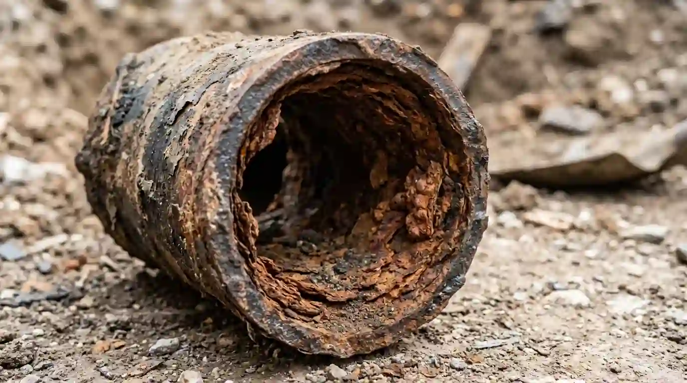 Old cast iron drain pipe section showing interior scale and rust