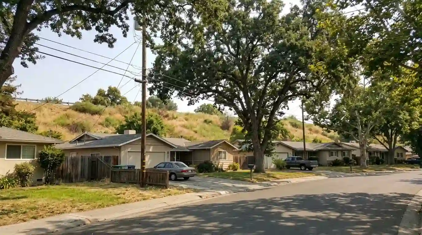 Single story homes and mature trees in South Natomas Sacramento near the Garden Highway levee