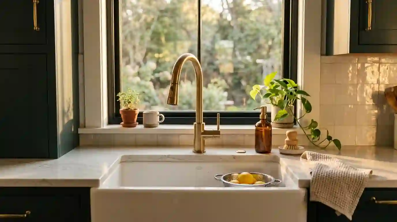 Modern kitchen with farmhouse sink and pull down faucet in warm light