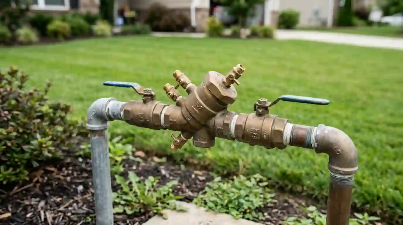 Brass backflow prevention assembly with test cocks installed beside a front lawn