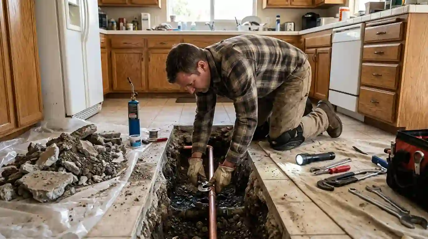 Plumber replacing a short copper section in an opened concrete slab inside a Sacramento kitchen