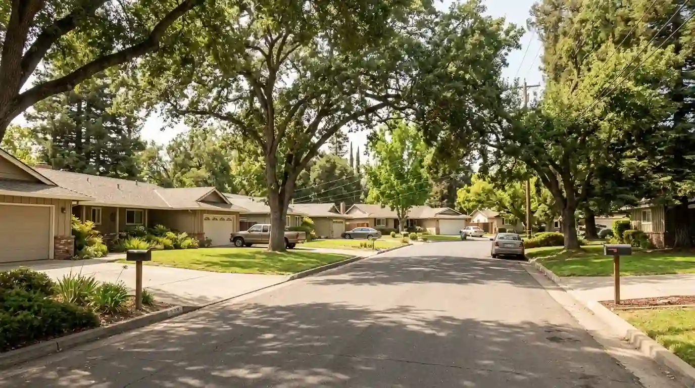 Single story ranch homes with mature trees on a Citrus Heights California street