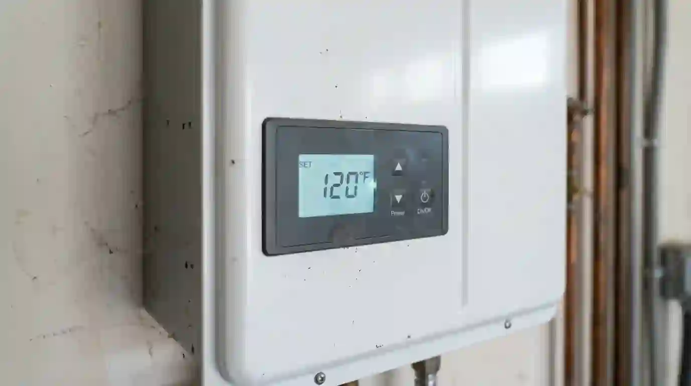 Tankless water heater control panel showing temperature on a garage wall