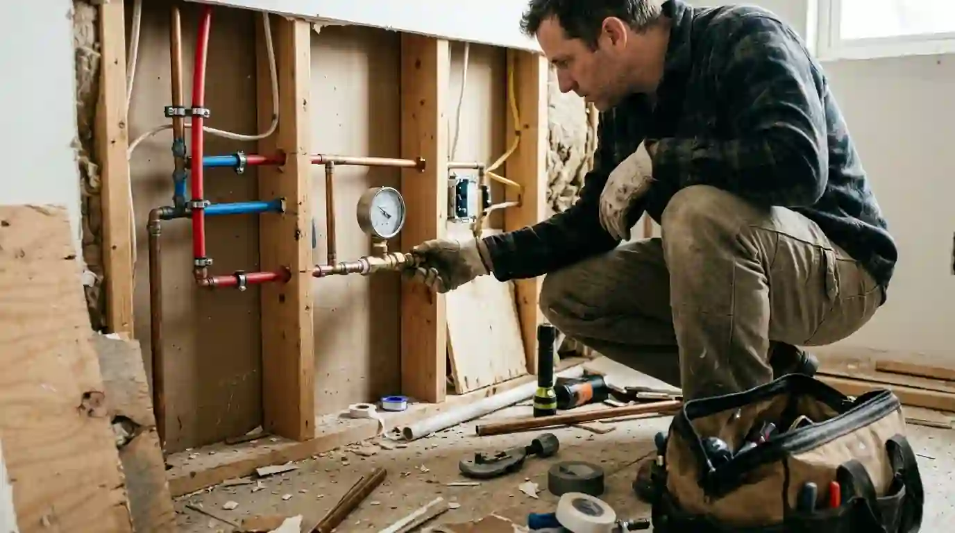 Plumber pressure testing new pipe with a gauge in an open wall
