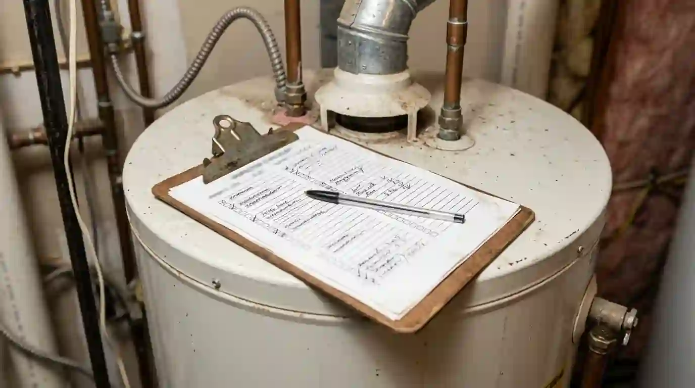 Inspector checklist clipboard resting on a water heater top