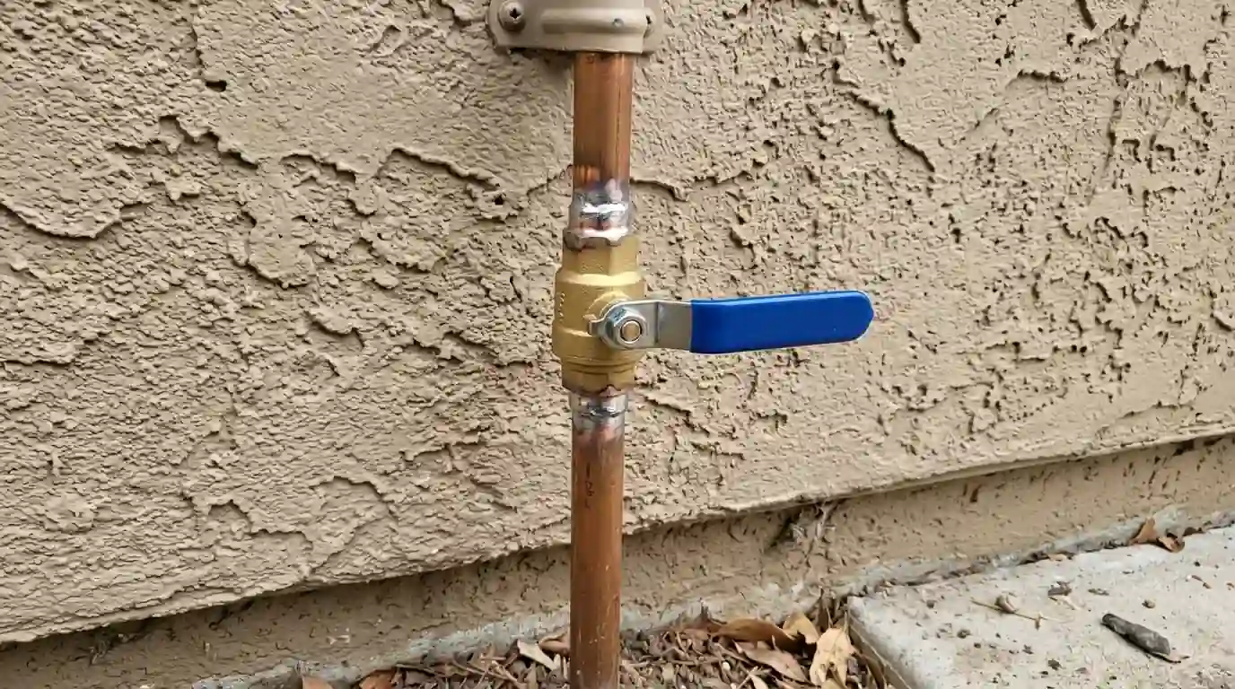 New quarter turn brass ball valve installed on a copper main water line beside a Sacramento stucco wall