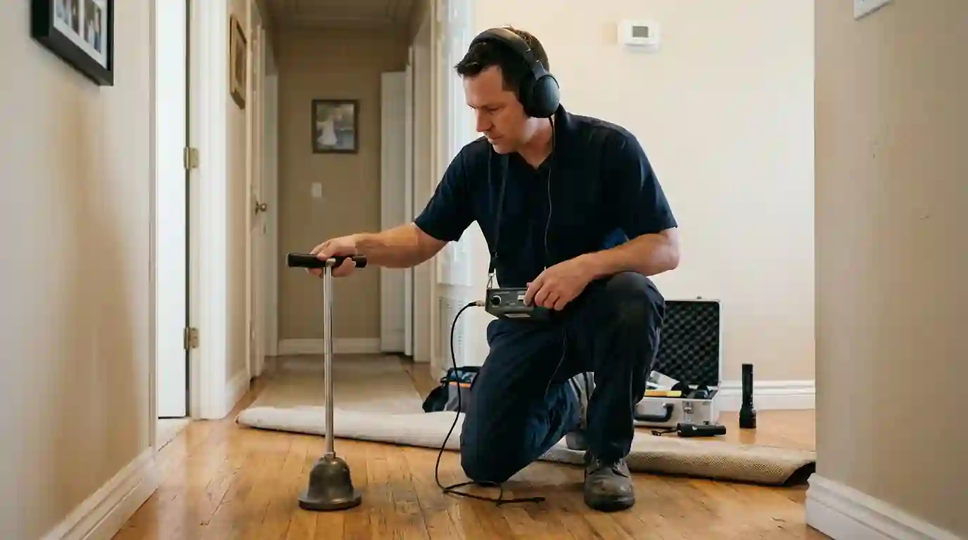 Technician using an acoustic ground microphone to trace a hidden water leak in a Sacramento home hallway