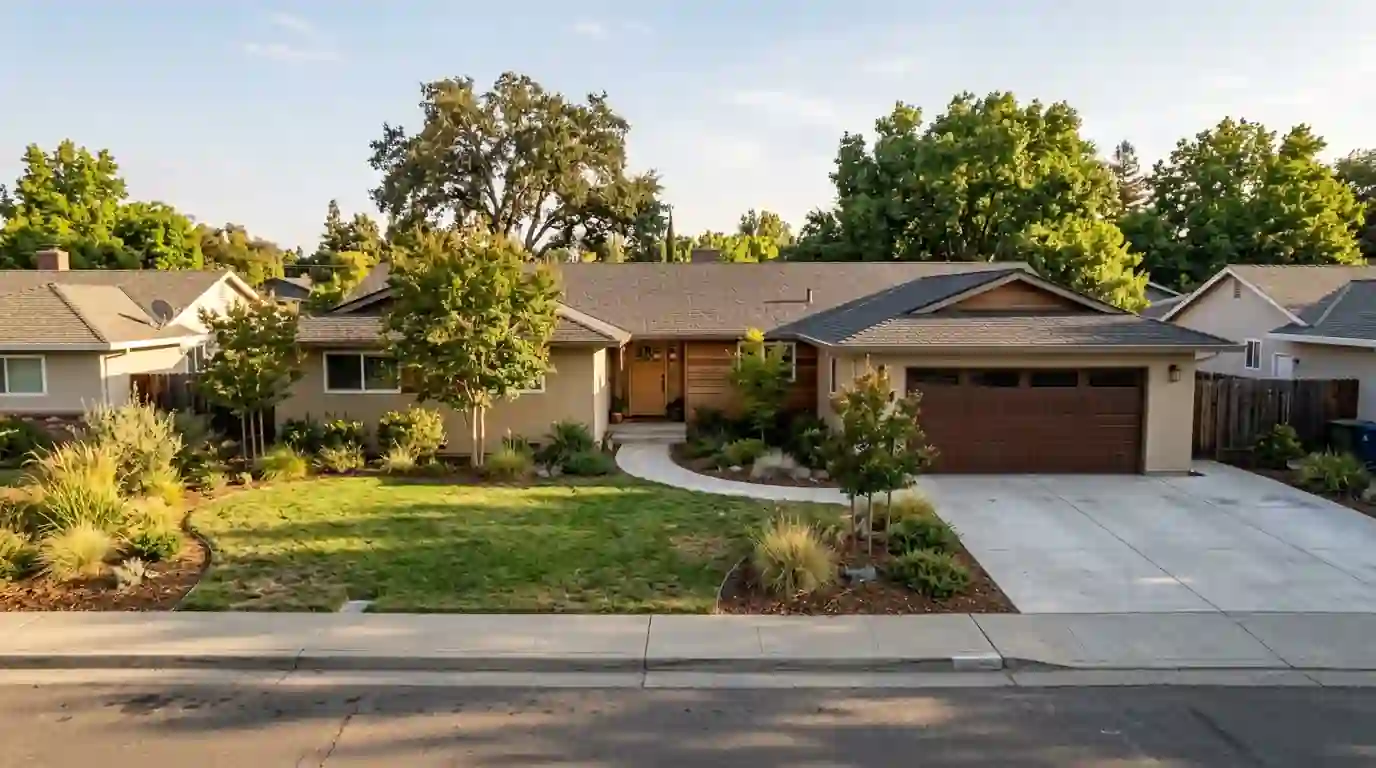 Single story ranch home in the Sacramento suburbs with a two car garage