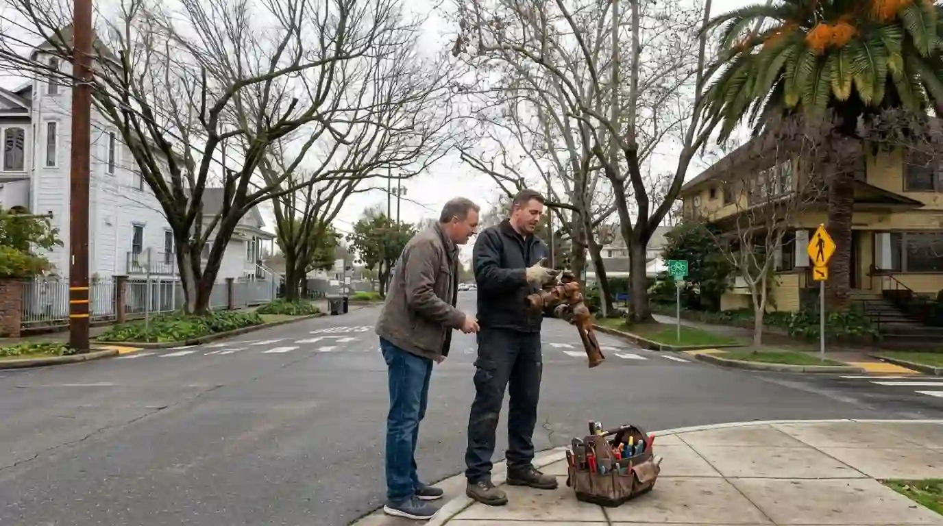 Plumber handing a homeowner the old failed part after a repair