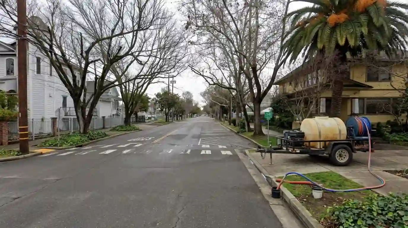 Hydro jetting hose and nozzle entering a sewer cleanout with a jetter trailer in a Sacramento driveway