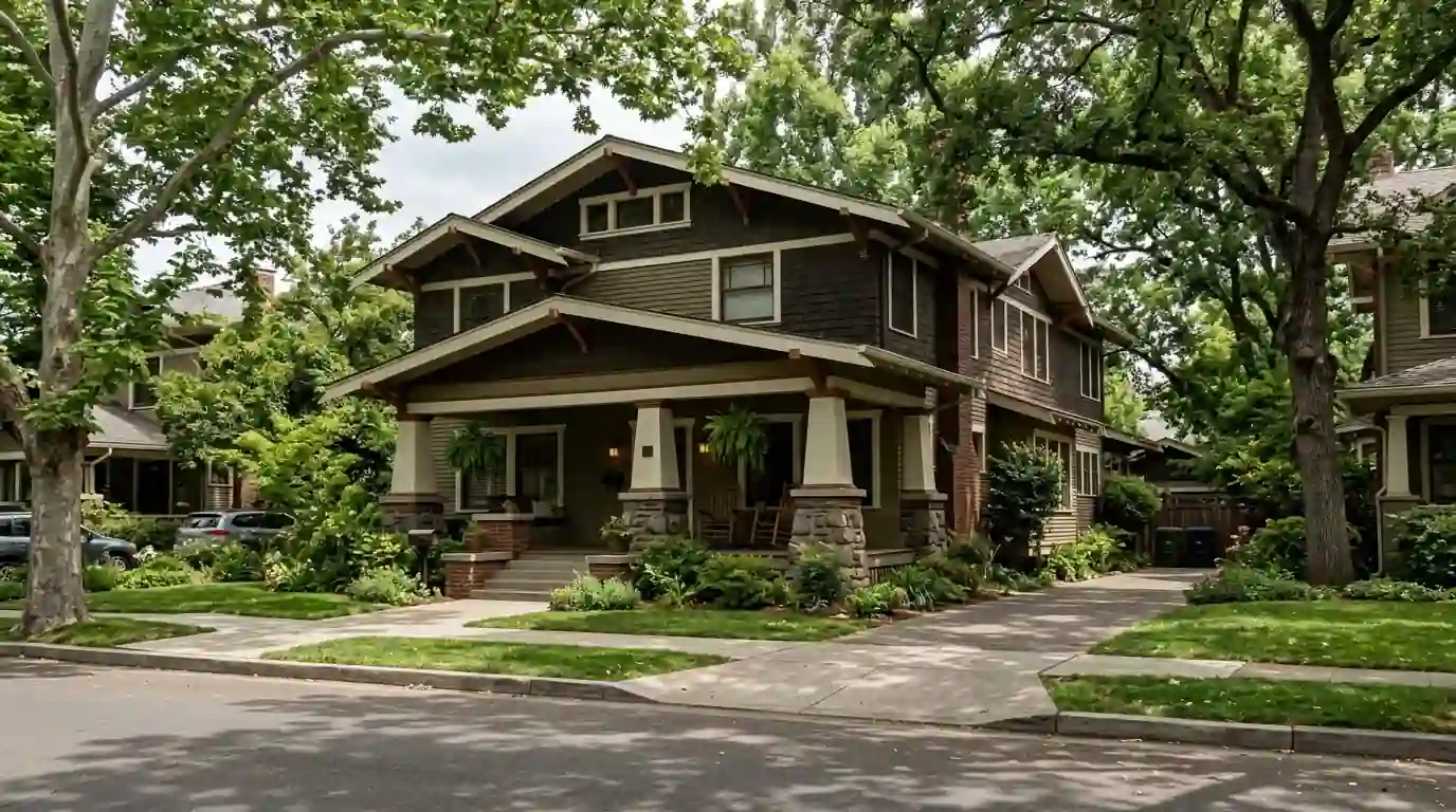 Large craftsman home with a deep front porch on a tree lined street in East Sacramento