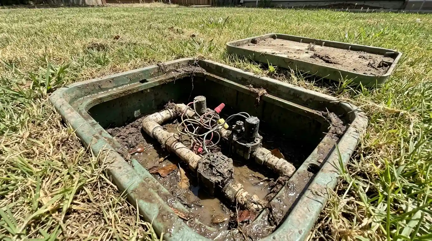 Sprinkler valve box with a cracked fitting and wet soil on a Sacramento lawn in summer