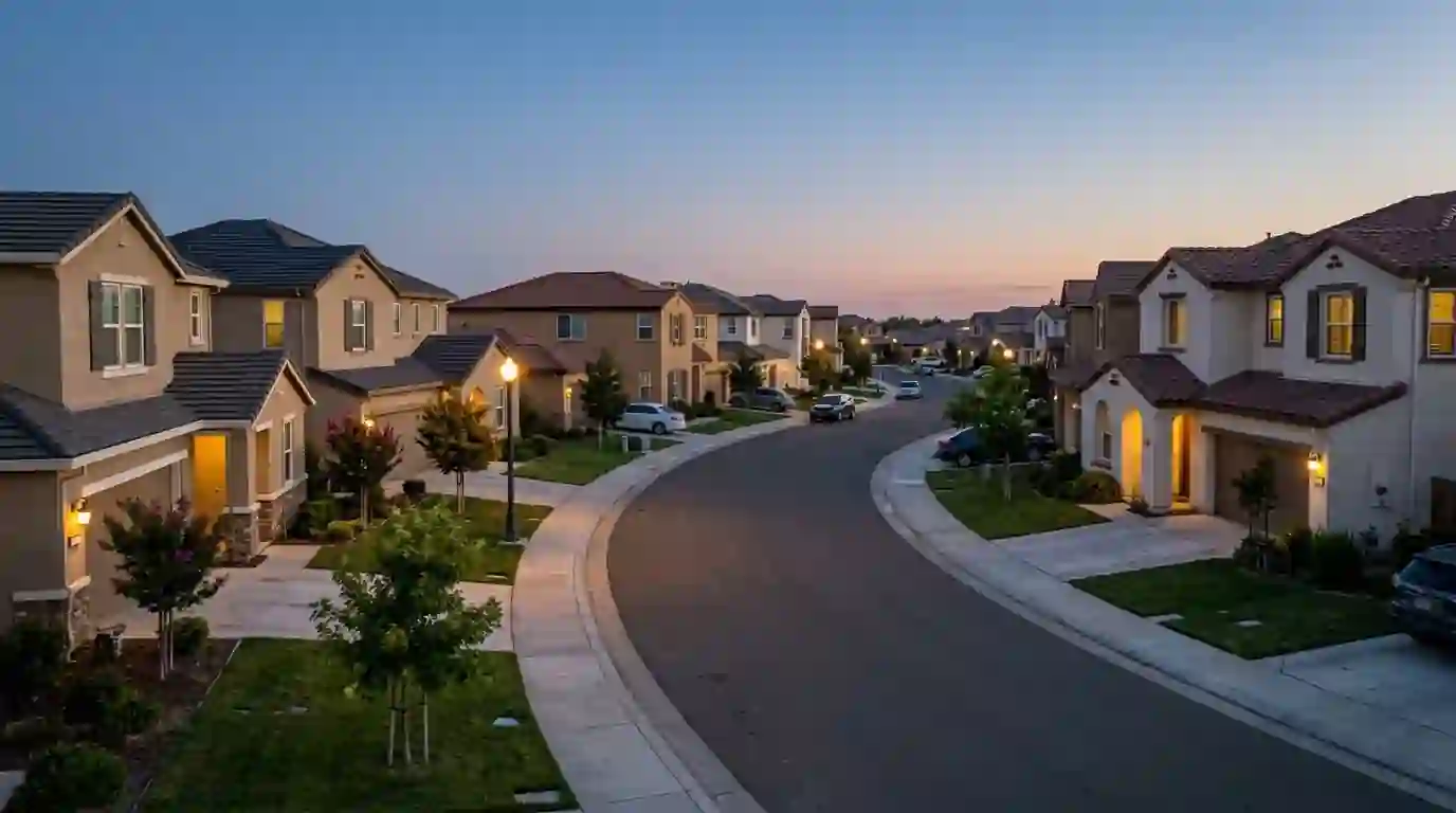 Stucco homes with tile roofs in an Elk Grove California subdivision at dusk