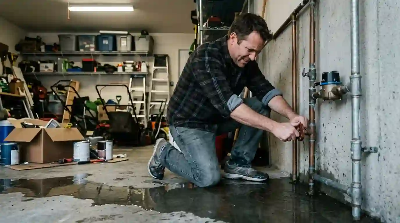 Homeowner turning off a main water valve in a garage while water pools on the floor
