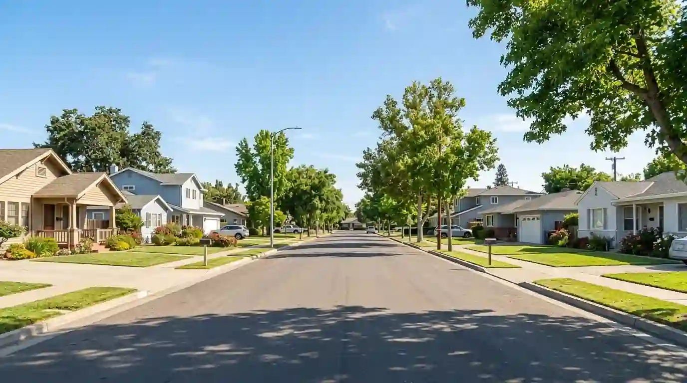 Victorian homes and tall trees on a quiet street in Midtown Sacramento