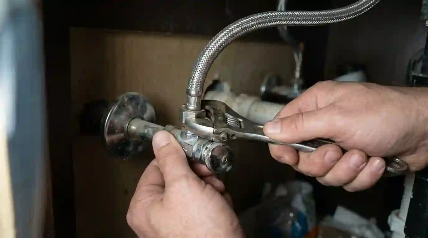 Hands tightening a braided stainless supply line onto an angle stop