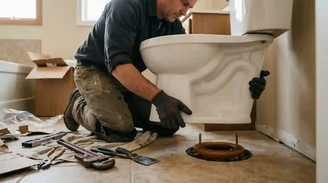 Plumber setting a new high efficiency toilet onto a fresh wax ring in a Sacramento bathroom