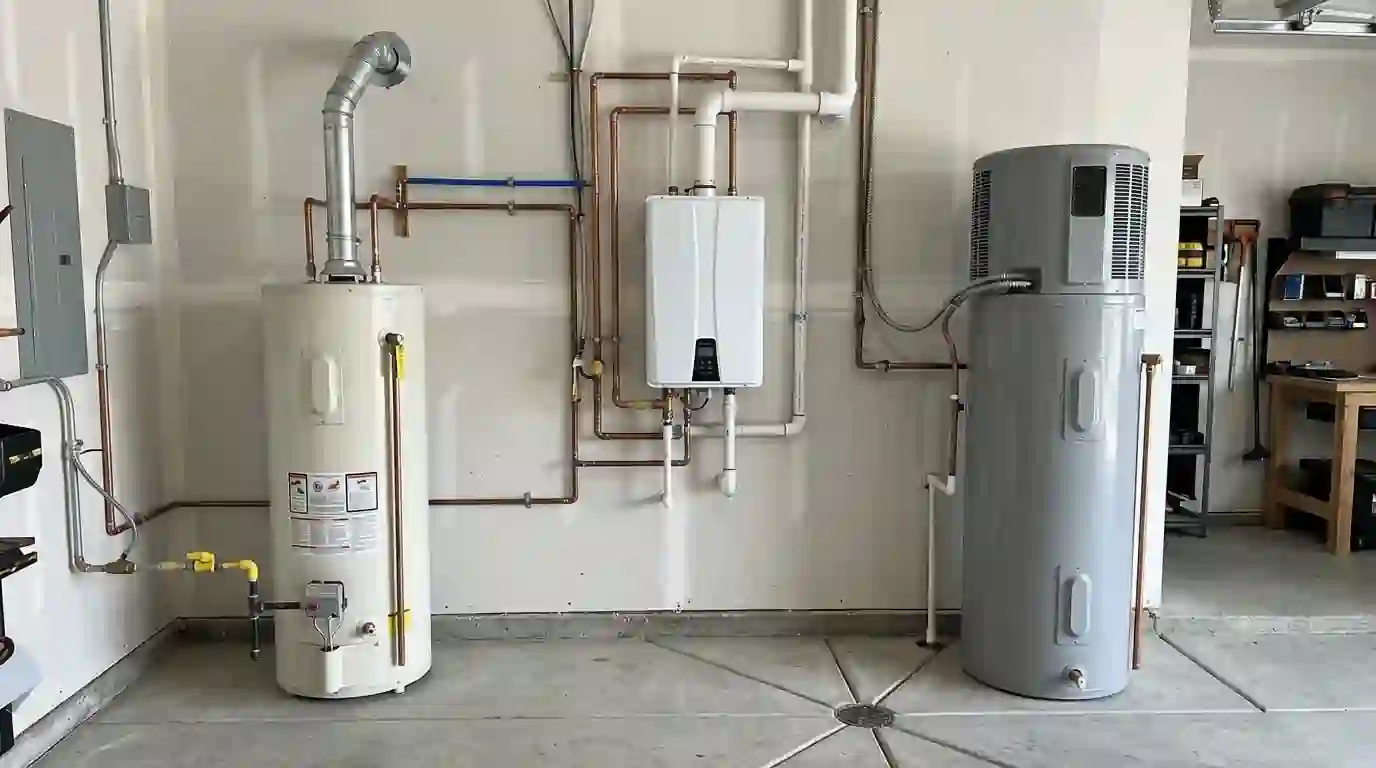 Three water heater types side by side in a clean garage: gas tank, wall mounted tankless and heat pump unit