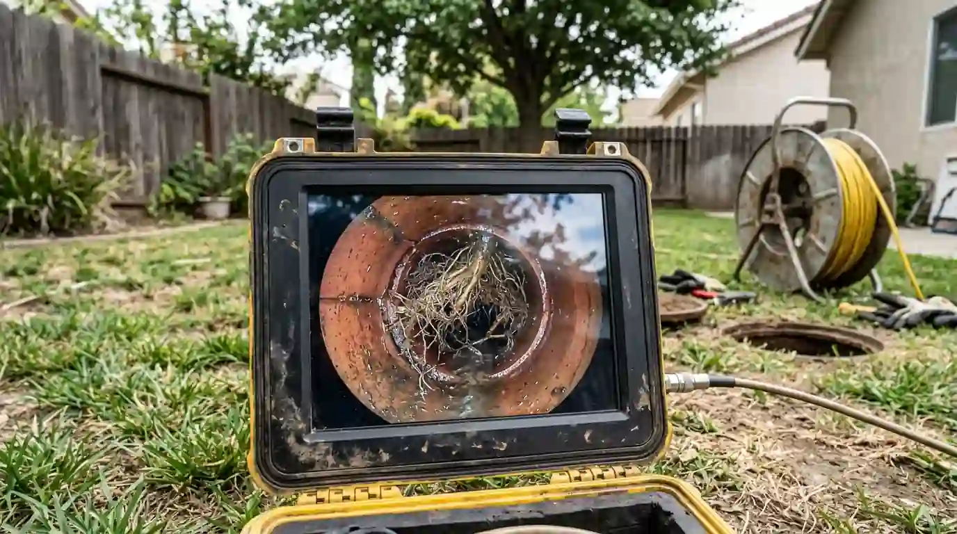Sewer inspection camera monitor showing tree roots inside a clay pipe with a Sacramento yard behind it