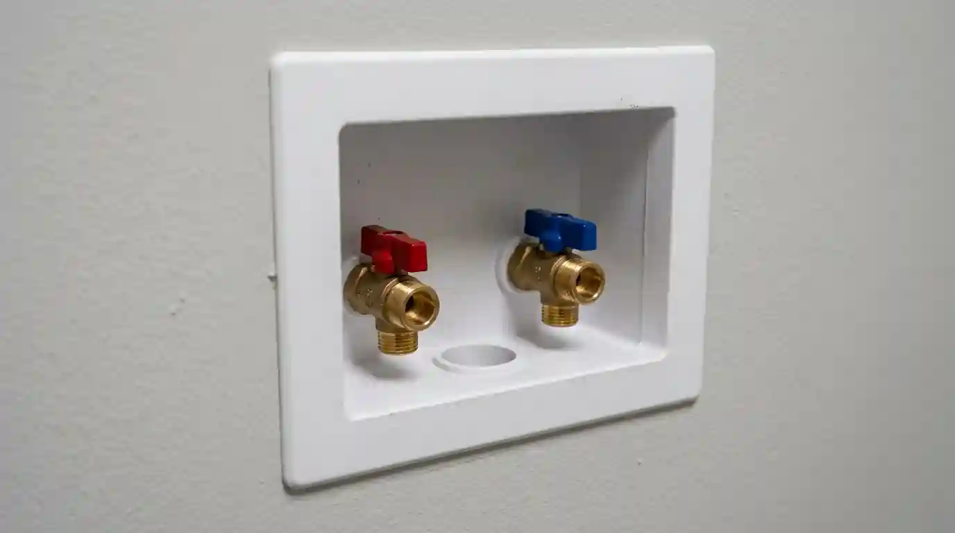 Washing machine box with quarter turn valves inside a laundry wall