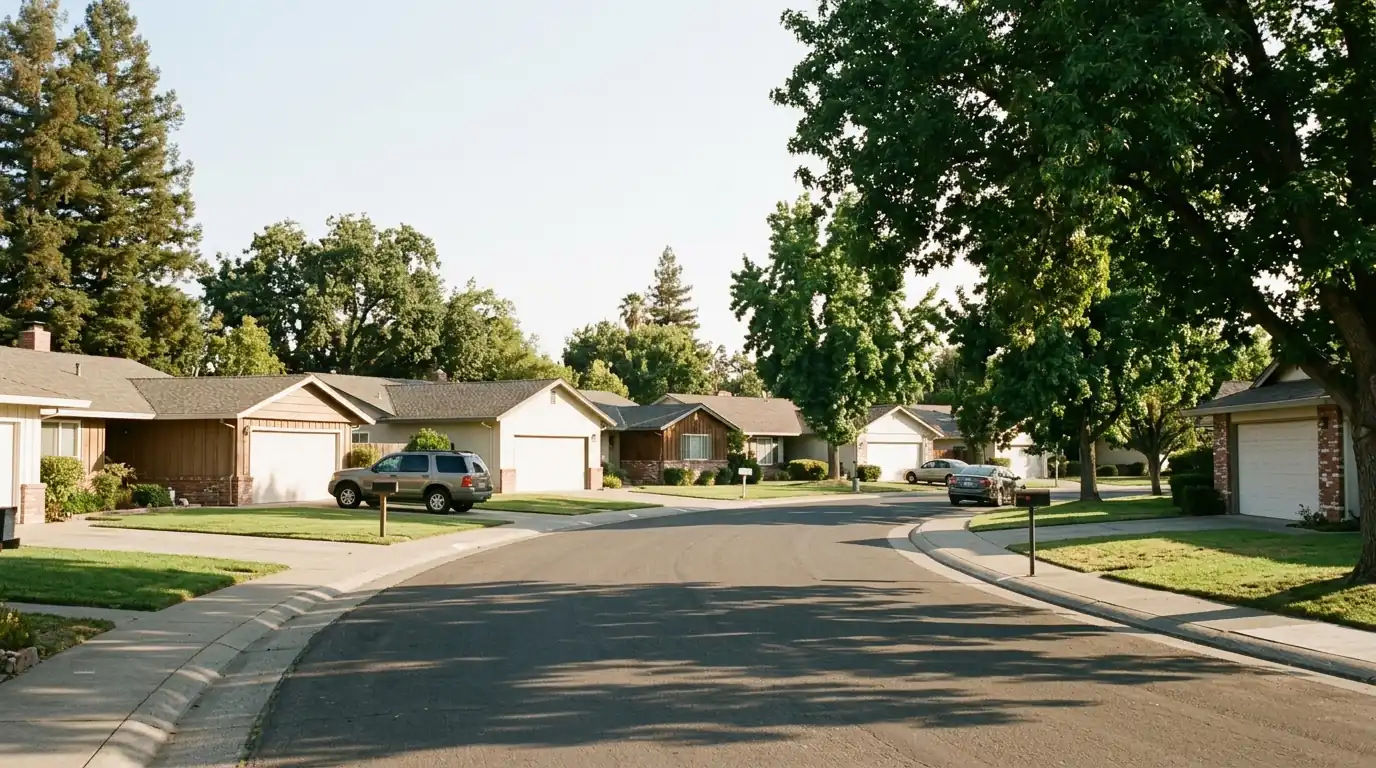 Single story ranch homes along a curving street in the Pocket neighborhood of Sacramento