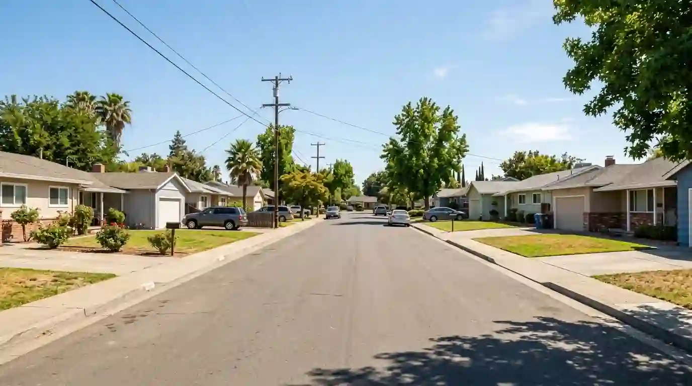 Single story family homes on a sunny street in the Meadowview neighborhood of Sacramento