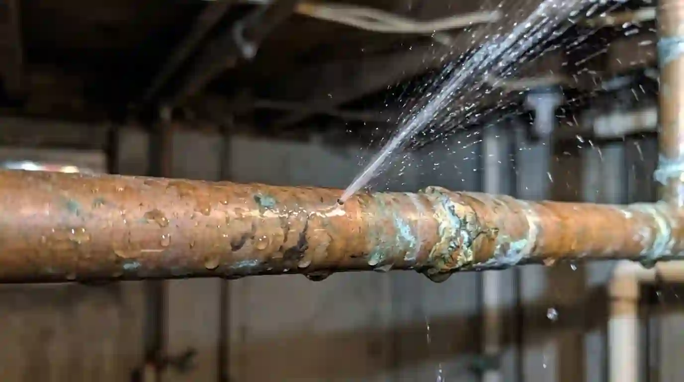 Close view of a pinhole leak spraying from a copper line