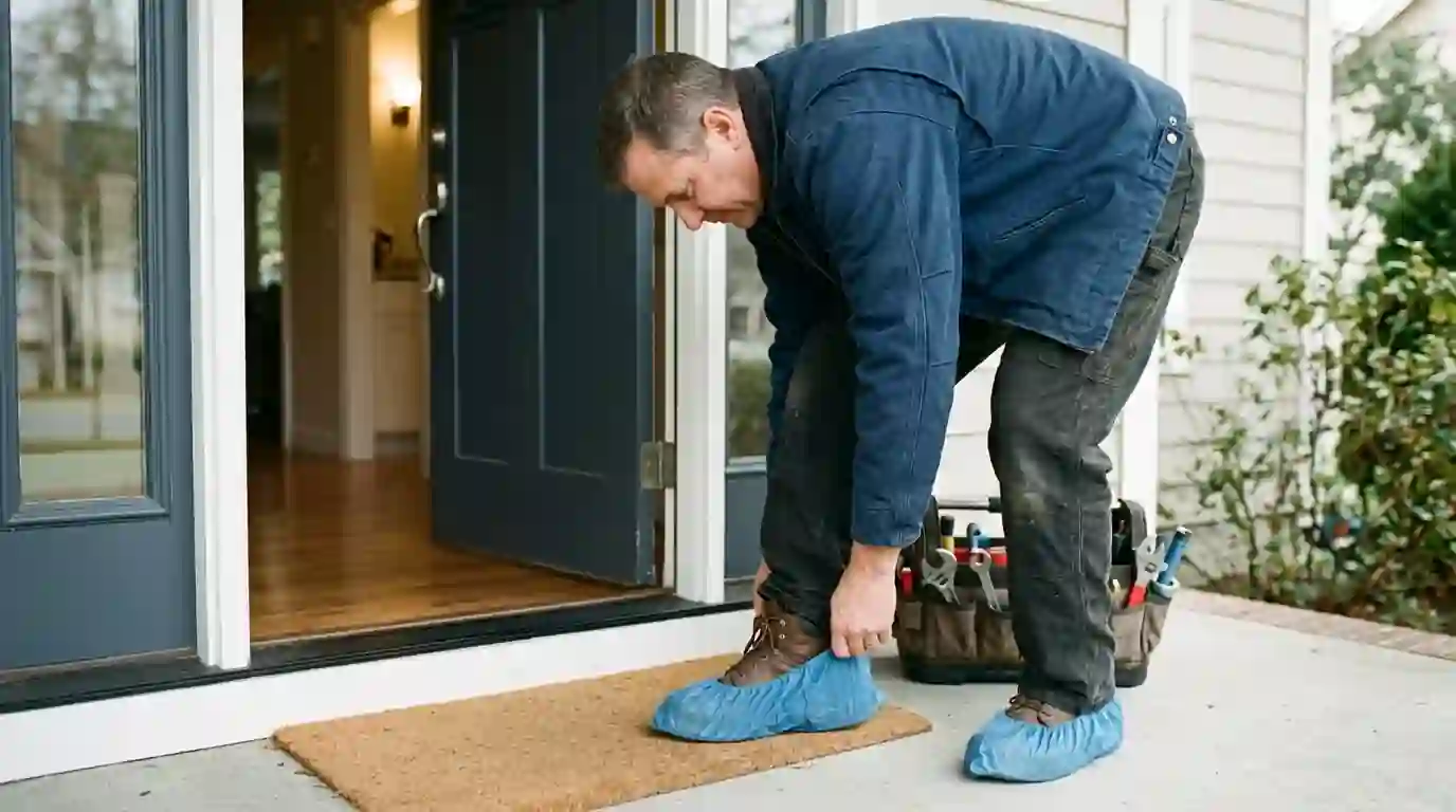 Plumber placing shoe covers on before entering a home